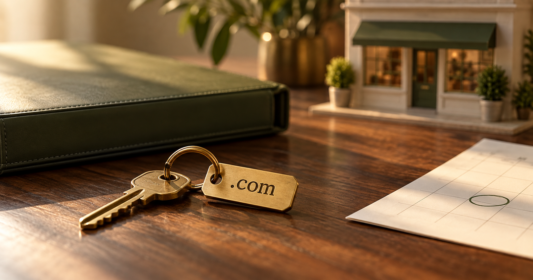 A brass key and .com tag beside a business folder and calendar, with a miniature storefront in the background.