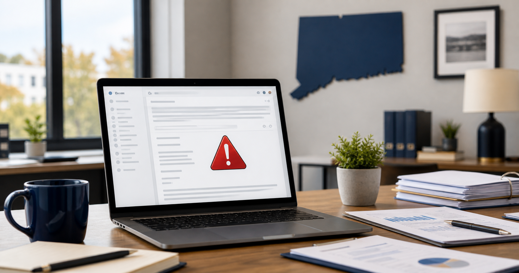 Suspicious email open on a laptop beside Connecticut business paperwork and a warning symbol