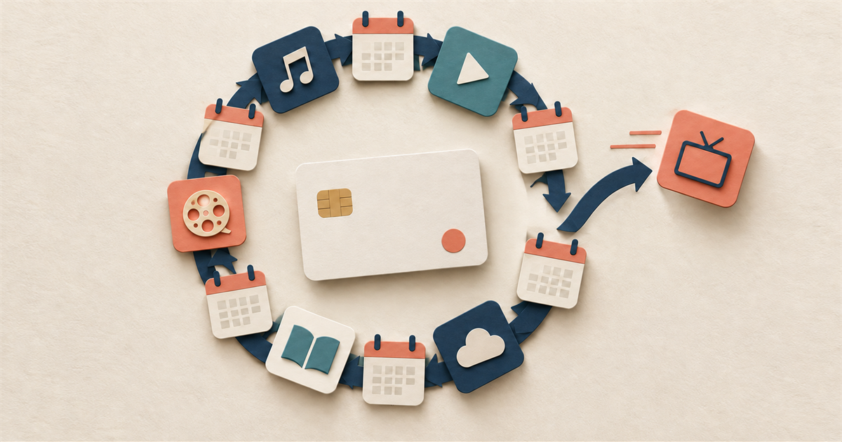 Paper-cut subscription icons and calendar pages form a recurring loop around a payment card, with one service tile leaving the cycle.
