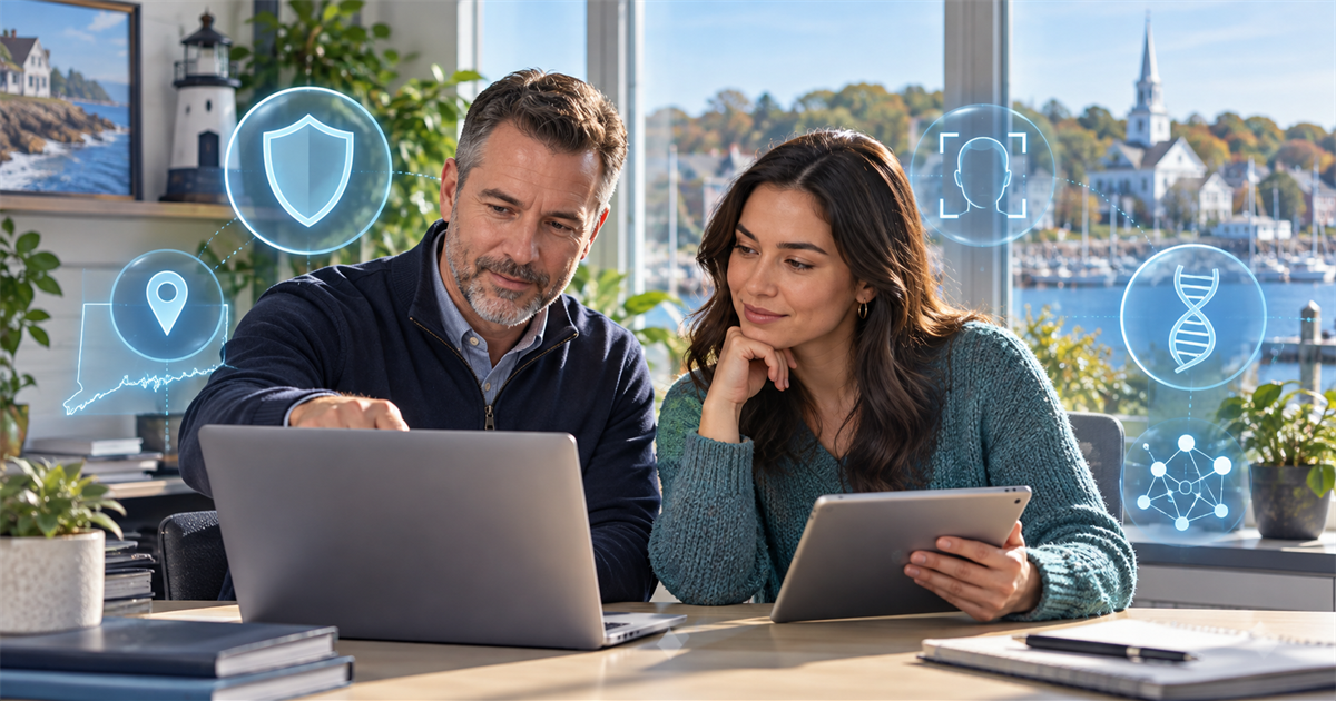 A Connecticut small-business owner and consumer review privacy settings beside icons representing location data, facial recognition, genetics, AI, and security.