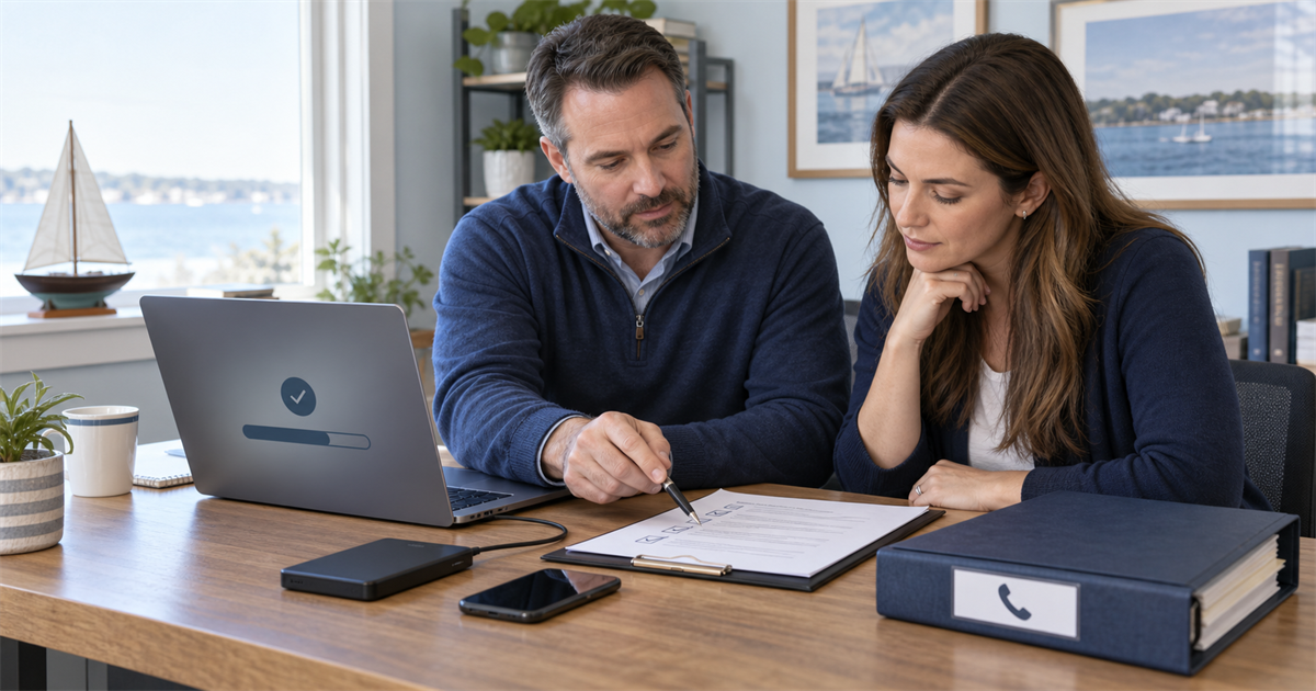 Two coworkers reviewing a recovery checklist beside a laptop, backup drive, phone, and contact binder in a coastal office.