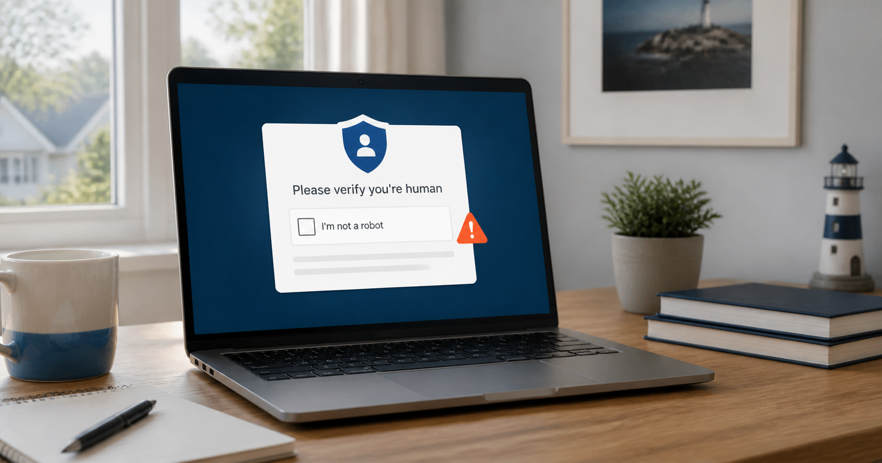 Laptop displaying a suspicious human-verification prompt with a warning symbol