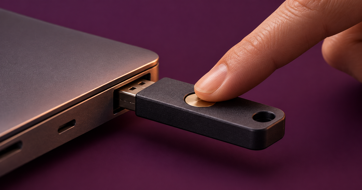 A fingertip touches the round metal contact on an unbranded USB security key plugged into the side of a laptop against a deep plum background.