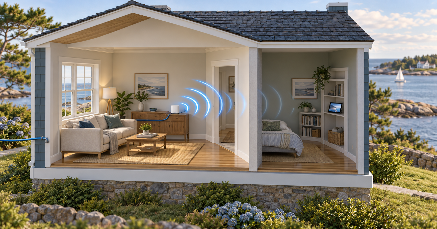 Illustrated cutaway of a coastal house with a router, incoming cable and blue Wi-Fi arcs fading across an interior wall toward a tablet.