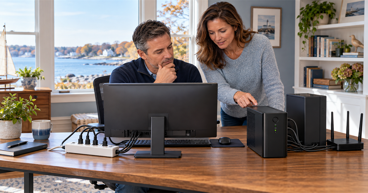 Two people compare an unbranded surge protector and UPS battery backup beside a desktop computer and Wi-Fi router in a Connecticut coastal home office.