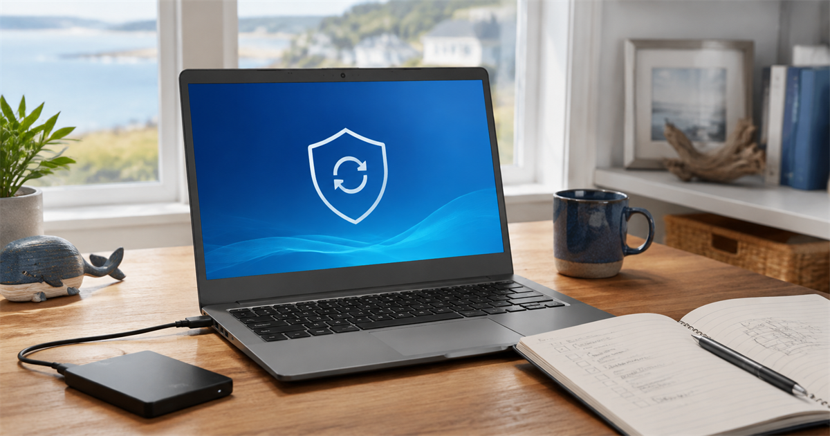 Laptop displaying a generic security-update shield beside a backup drive and notebook in a coastal home office.